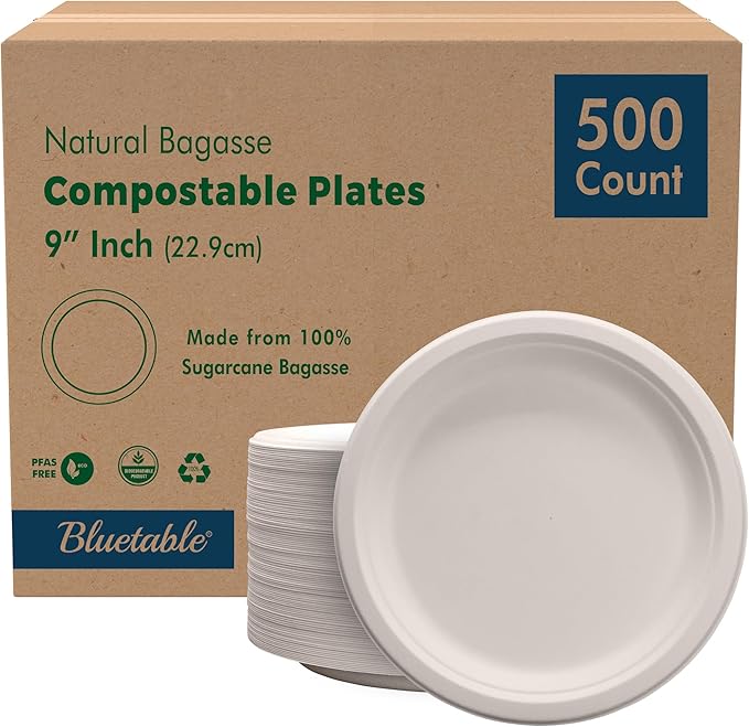 Compostable Paper Plates 9 Inch Bulk Plates [500 Case Pack] - Biodegradable Made from 100% Sugarcane - Heavy Duty Disposable - Eco Friendly - Bagasse Dinner Plates Natural Recycled Plate [500 Case]
