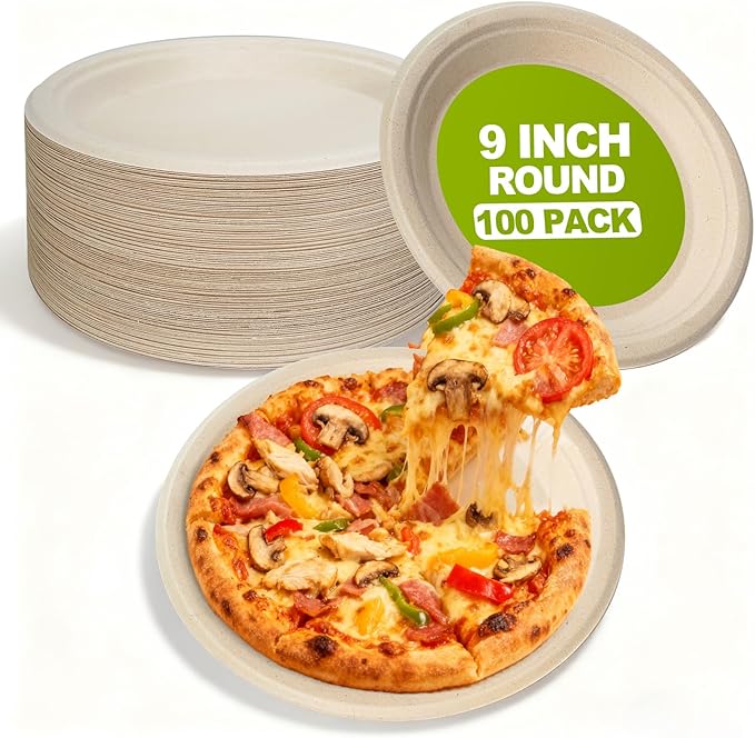 W&Y paper plates 9 Inch Disposable Paper Plates [100 Pack] - Heavy Duty Dinner Plates, Leak Proof & Microwave Safe, Cut Resistant & Compostable for Parties, Weddings, Catering Events
