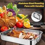 2 Pcs 12.7"15.5" Stainless Steel Roasting Pans with Handles, Baking Pan for Oven with 2 Pcs Flat Racks, Heavy Duty, Dishwasher Safe Rectangular Lasagna Pan with Handles for Turkey Chicken, Silver