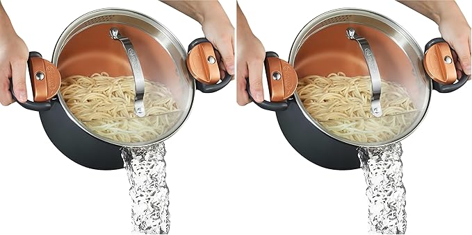 Gotham Steel 5 Quart Stock Pot Multipurpose Pasta Pot with Strainer Lid&Twist and Lock Handles,Nonstick Ceramic Surface Makes for Effortless Cleanup with Tempered Glass Lid,Dishwasher Safe,(Pack of 2)