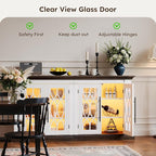 60 inch Farmhouse Buffet Sideboard Cabinet with 4 Glass Doors, Coffee Wine Bar Storage Cabinet with LED Lights, Buffet Table with Adjustable Shelves for Dining Room, Kitchen, Living Room