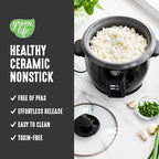 GreenLife Rice Cooker with Removable PFAS-Free Ceramic Nonstick Pot, 3-Cups Uncooked/6-Cups Cooked, Grains & Oatmeal Multicooker, Compact One-Switch Design, Auto Keep Warm, Easy Clean, Black