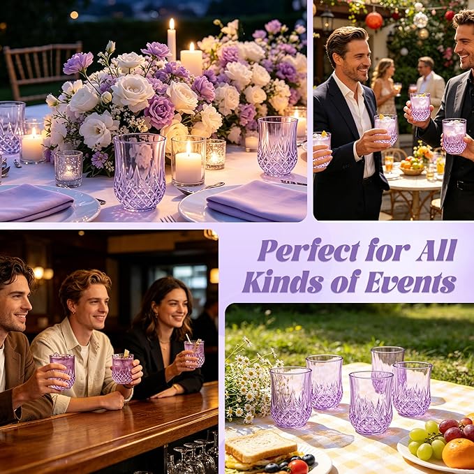 40 Pack Plastic Stemless Wine Glasses,12oz Unbreakable Vintage Elegant Drinking Glass Set,Reusable Fancy Cocktail Cups for Party, Wedding, and Bulk Events (40, 12oz-Purple)
