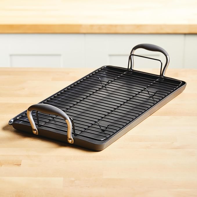 Anolon Advanced Home Hard Anodized Nonstick Double Burner Griddle with Roasting Rack, 10 Inch x 18 Inch, Moonstone
