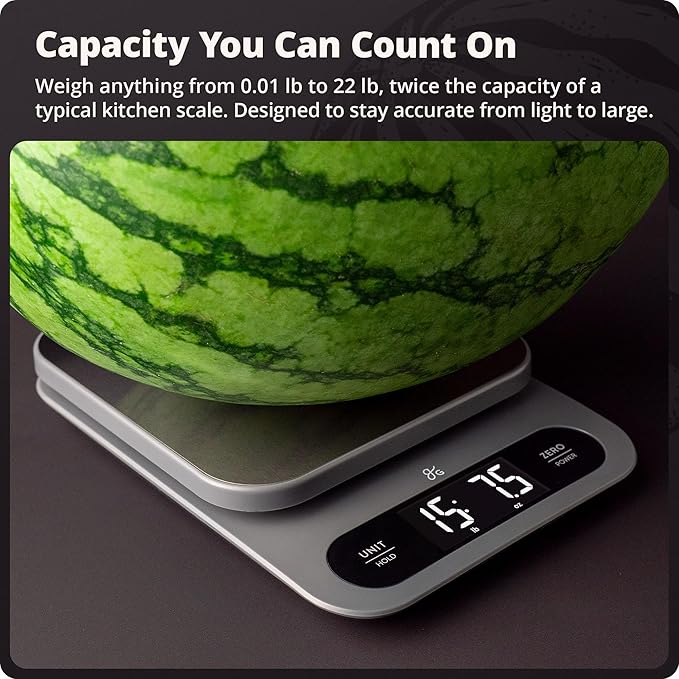 Greater Goods Digital Food Scale for Kitchen & Baking, 10kg/22lb High-Capacity Weight Scale with 1g Precision, Stainless Steel Platform, Hi-Def LCD, Ideal for Bread, Sourdough & Bulk Cooking