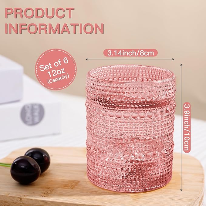 JOVGANK Pink Vintage Hobnail Drinking Glasses Set of 6, Embossed Water Tumbler 12oz, Kitchen & Bar Beaded Glass Cups, Beverage Glass Cups for Water, Beer, Juice, Housewarming and Mother's Day Gift