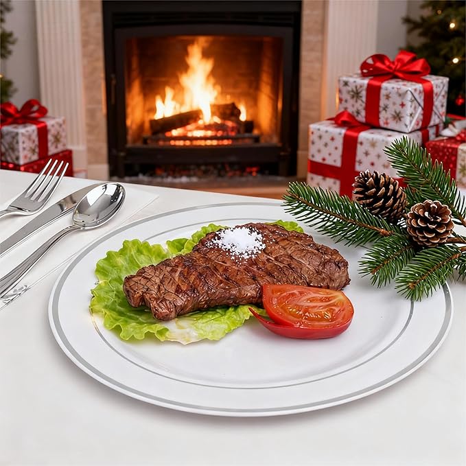 WELLIFE 144 Pieces Silver Plastic Dessert Plates, 7.5 inch Disposable Salad Plates, Premium White Appetizer Plates with Silver Rim, Ideal for Party, Wedding
