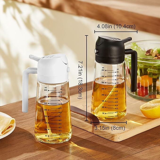 TrendPlain 16oz/470ml Glass Olive Oil Sprayer for Cooking – 2 in 1 Olive Oil Dispenser Bottle for Kitchen Gadgets and Air Fryer Accessories, Salad, BBQ - Black & Ash