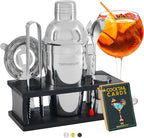 Modern Mixology Cocktail Shaker Set - Bartender Kit with Pine Stand | Leak-Proof Design | Includes Martini Shaker, Jigger, Strainer, Spoon, Tongs | Perfect Bar Tools Gift for Home Mixology (Silver)