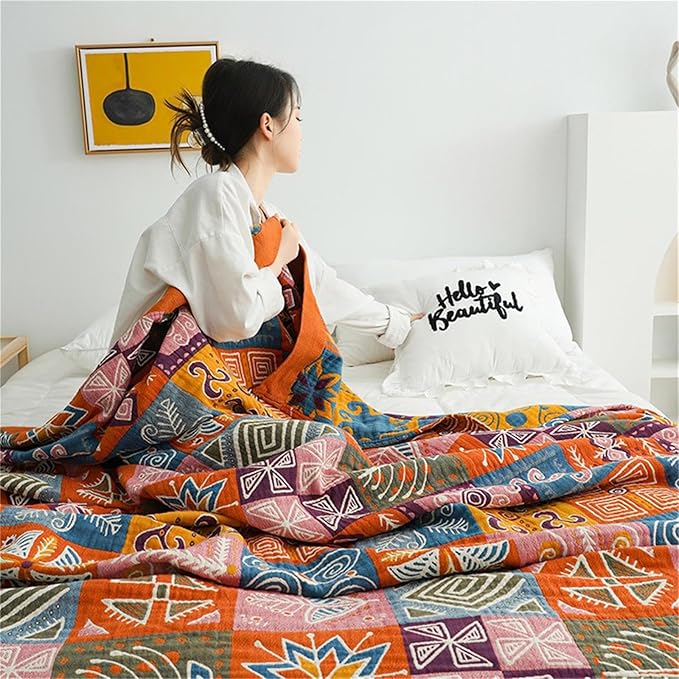 MSGKV Boho Throw Blanket King Size Christmas Blanket 100% Cotton Blankets for Couch Bed, Cotton Quilts Muslin Bed Blanket 90''x 98'' Cozy Pre-Washed Decor Gift for All Seasons