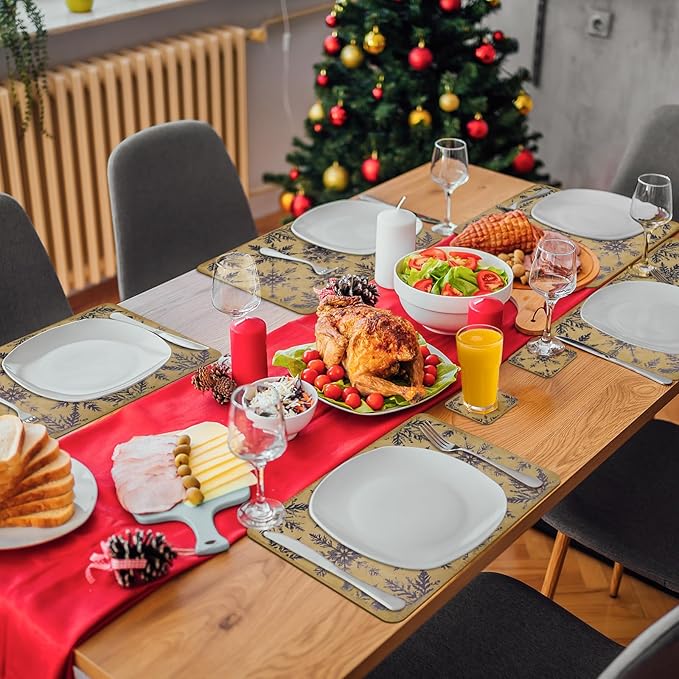 Le courant 16.9in 6PACK Winter Decoration Blue Snowflake Placemats with 6 Coasters, Reversible Faux Leather Easy Clean Waterproof Stain Resistant Place Mats, for Home Party Dining Holiday Table Decor