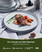 Famiware Star 24-Piece Plates and Bowls Set with Trim, Service for 8 - Stoneware Reactive Glaze Dinnerware, High Edge Ribbed Dishes, Chip & Scratch Resistant, Microwave & Dishwasher Safe, Smoky Blue