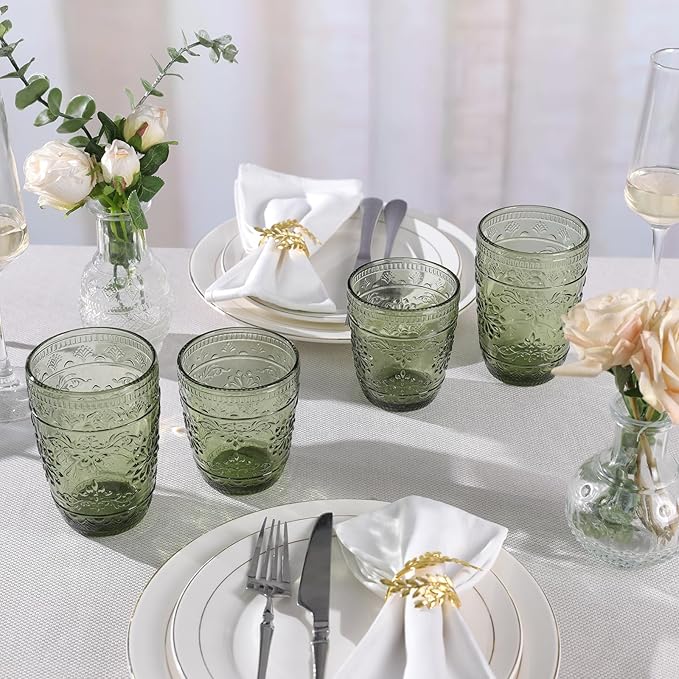 abrwyy 6Pcs Green Drinking Glassware, 10oz Drinking Glasses, Heavy Duty Glass Cups, Colored Embossed Glasses Set for Party Wedding Home Office Glassesware Gift