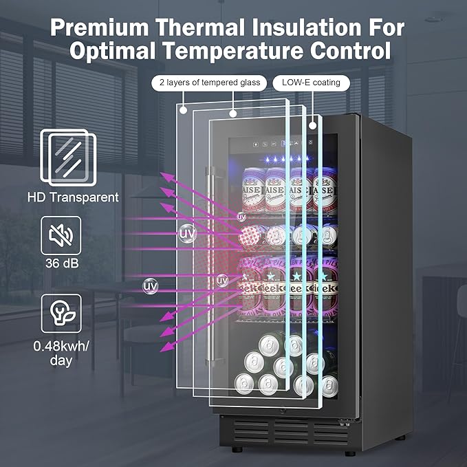 Beverage Refrigerator Cooler, 15 Inch 130 Cans Under Counter Refrigerator Beer Fridge with Glass Door, Adjustable Shelves and LED Light, Bulit-in Soda Fridge for Bedroom Office Bar