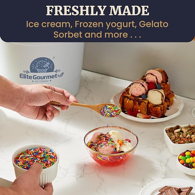 Elite Gourmet 4Qt Electric Ice Cream Maker EIM350X Delicious Homemade Ice Cream, Gelato, Sorbet, Frozen Yogurt, 4Qt Aluminum Freezing Cannister, Durable Plastic Ice Bucket, Powerful 50W, Periwinkle