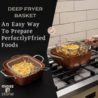 Moss & Stone 7 Pcs Copper Chef Cookware Non Stick Deep Frying Pan 9.5" x 3.5", Fry Basket, Dishwasher & Oven Safe, 5 Qt Deep Square Pot, Non Stick Pan & Round Pot, Induction Copper Cookware Set