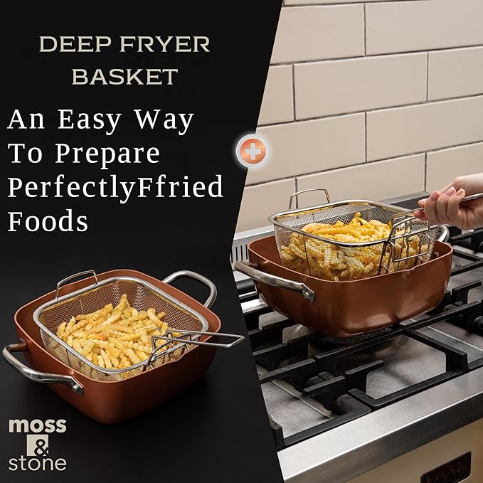 Moss & Stone 7 Pcs Copper Chef Cookware Non Stick Deep Frying Pan 9.5" x 3.5", Fry Basket, Dishwasher & Oven Safe, 5 Qt Deep Square Pot, Non Stick Pan & Round Pot, Induction Copper Cookware Set