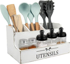 RedCall Extra Large Kitchen Utensils Holder 4 Compartments,Wood Utensil Organizer for Kitchen Countertop,Farmhouse Cooking Utensil Holder with Spice Storage space (Antique)
