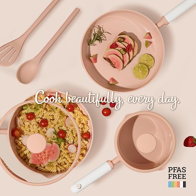 CAROTE Ceramic Cookware Set Nonstick, 9pcs Pots and Pans Set Non stick, Non-Toxic & PFAS-Free,Dishwasher, RV/Camping Cookware Set,Sauce Pan with Lid, Pink