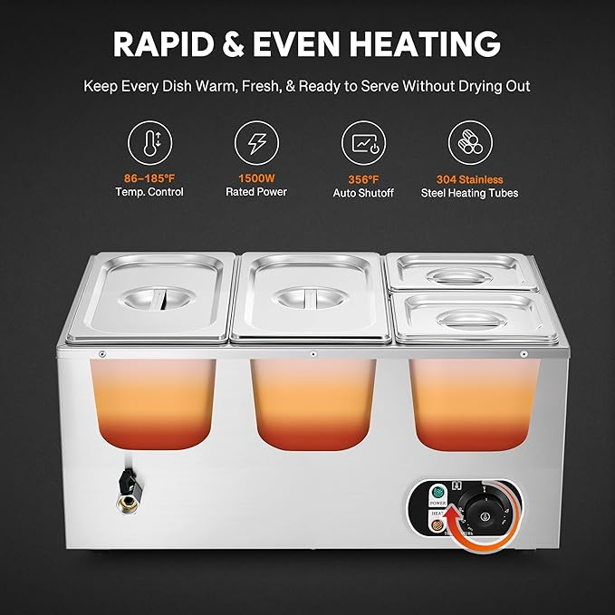 WILPREP Commercial Food Warmer with Two 1/3 & Two 1/6 Pans, 1500W Countertop Electric Warmer, 86-185°F Adjustable Temp Control, Stainless Steel Buffet Bain Marie