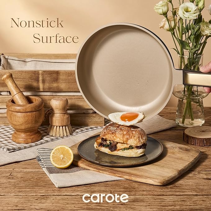 CAROTE Pots and Pans Set Nonstick, 16pcs Cookware Set Nonstick Non-Toxic & PFOA&PFOS-Free, Dishwasher, RV/Camping Cookware Set, Cooking Pots with Lids, Brown