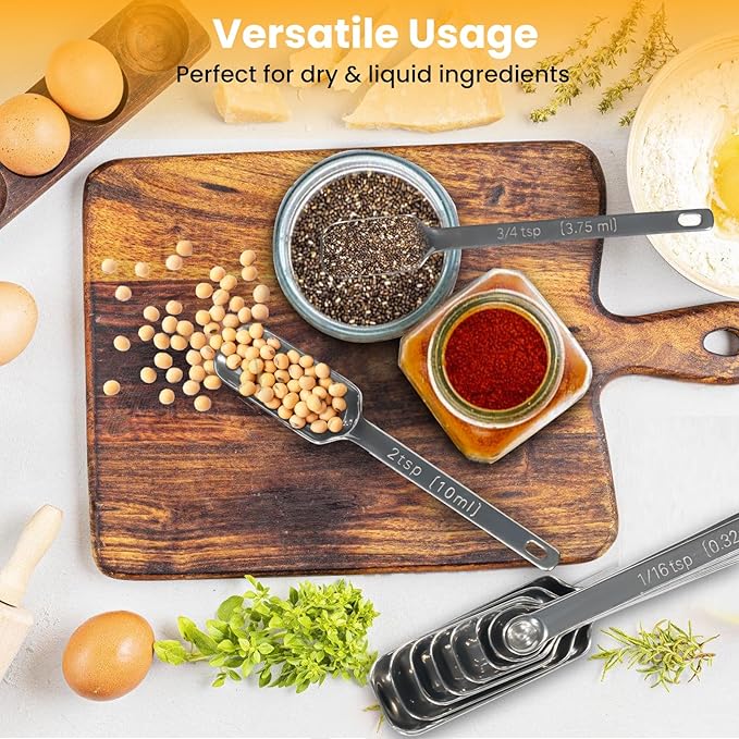 Stainless Steel Measuring Spoons Set of 6, Rectangular Metal Measuring Spoons for Dry & Liquid Ingredients, Slim Design Fits in Spice Jars, Kitchen Gadgets for Baking & Cooking