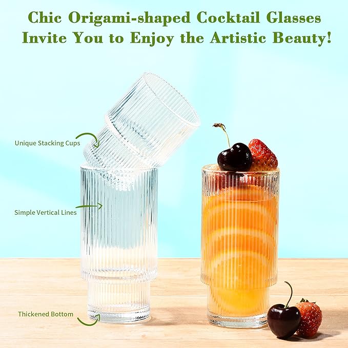 ISMASOAN Small Ribbed Glassware Set of 12, Glass Cups 12 oz and 7 oz, Fluted Glassware, Stackable Glasses, Cups for Kitchen, Gift Box Set