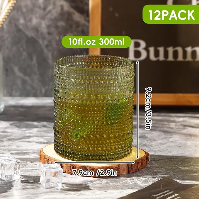 Moretoes Hobnail Drinking Glasses Set of 12,10 Oz Cocktail Glasses Vintage Glassware, Textured Glass Cups Bubble Glasses Water Glasses Old Fashion Jupiter Glasses Set (Green)