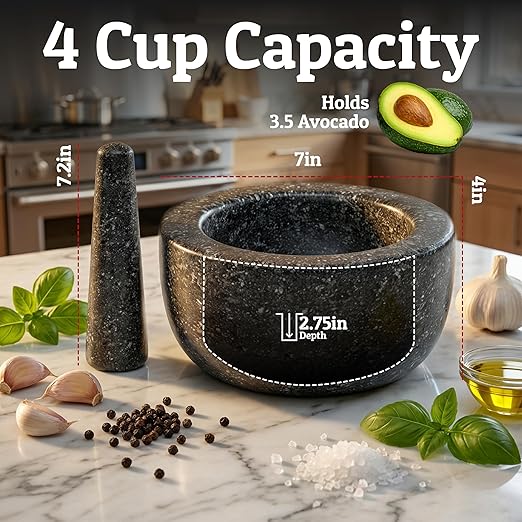Priority Chef Heavy Duty Large Mortar and Pestle Set, 100% Granite, Non Slip Base, Make Fresh Guacamole, Salsa, Pesto, Stone Grinder Bowl, Herb Crusher, Spice Grinder, 4 Cup - Black
