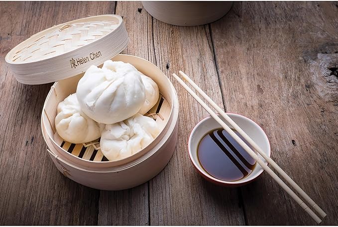 Helen's Asian Kitchen Bamboo Food Steamer With Lid, 6 Inch, 2 Tier Basket For Dumplings, Bao, Vegetables, Fish, And Rice