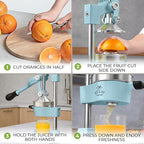 Zulay Kitchen Cast-Iron Orange Juice Squeezer - Heavy-Duty, Easy-to-Clean, Professional Citrus Juicer - Durable Stainless Steel Lemon Squeezer - Sturdy Manual Citrus Press & Orange Squeezer (Blue)