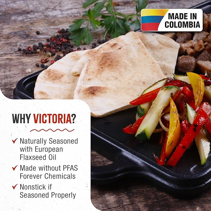 Victoria Rectangular Cast Iron Griddle. Double Burner Griddle, Reversible Grill, 13 x 8.5 Inch, Seasoned with 100% Kosher Certified Non-GMO Flaxseed Oil, Model: GDL-189