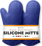 BPA-Free Soft Silicone Oven Mitts - Ultra Heat Resistant Oven Mitts with Thick Cotton Liner - Long Slip Resistant Pot Holders, Flexible Oven Gloves - Royal Blue 13.7"