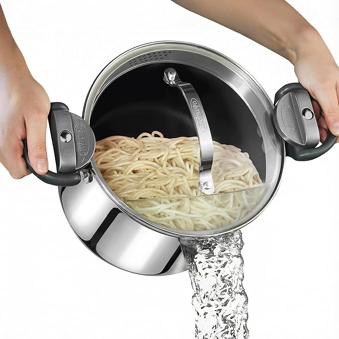 GOTHAM STEEL 8 Qt Nonstick Pasta Pot with Strainer Lid, Stainless Steel Stock Pot, Twist & Lock Handles, 2 Strainer Sizes, PFOA Free, for Soup & Spaghetti, Induction Ready, Oven & Dishwasher Safe