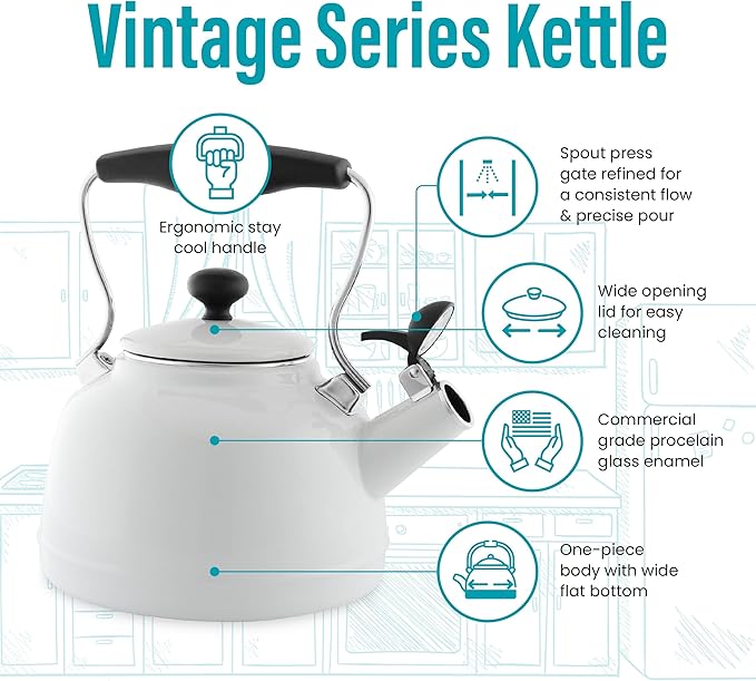 Chantal Tea Kettle, Vintage Series, Enamel on Steel, Whistling (White)