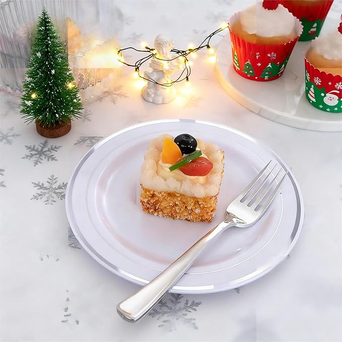 WELLIFE 144 Pieces Silver Plastic Dessert Plates, 7.5 inch Disposable Salad Plates, Premium White Appetizer Plates with Silver Rim, Ideal for Party, Wedding