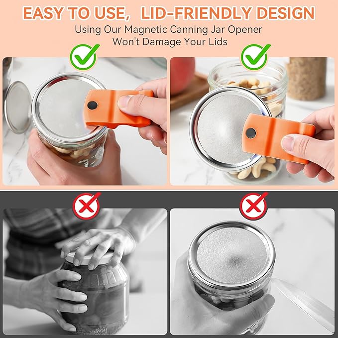 2 Pack Canning Jar Opener with Magnets, Mason Jar Opener For Canning Lids, Regular and Wide Mouth Lids, Powerful Magnet for Easy Refrigerator Storage, Releases Vacuum Seal– Patent Pending(Orange)