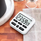 KTKUDY Digital Kitchen Timer with Mute/Loud Alarm Switch ON/Off Switch, 12-Hour Clock & Alarm, Memory Function Count Up & Count Down for Kids Teachers Cooking, Large LCD Display, Strong Magnet (White)