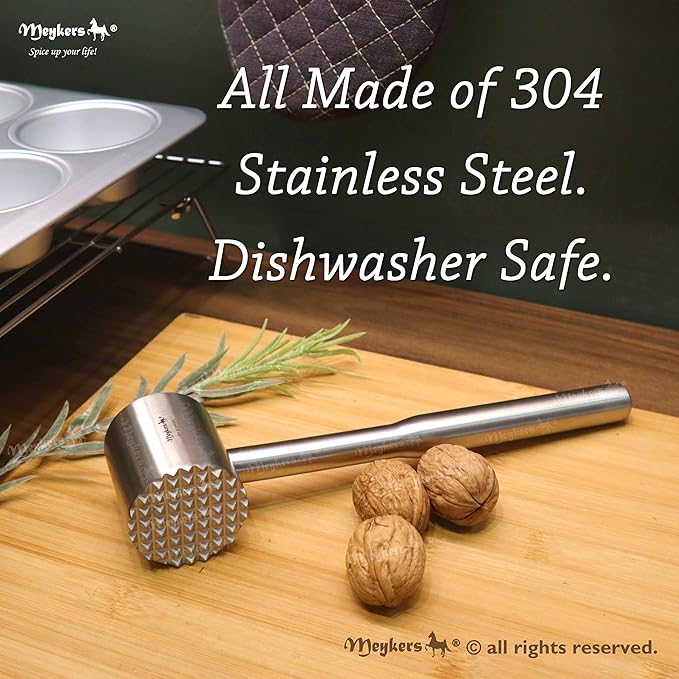 Meykers Meat Tenderizer Mallet | Dishwasher Safe | All 304 Stainless Steel | Perfect Weight | Meat Hammer Pounder Flattner Beater | for Steak Beef Chicken Pork | Kitchen Tool for Cooking