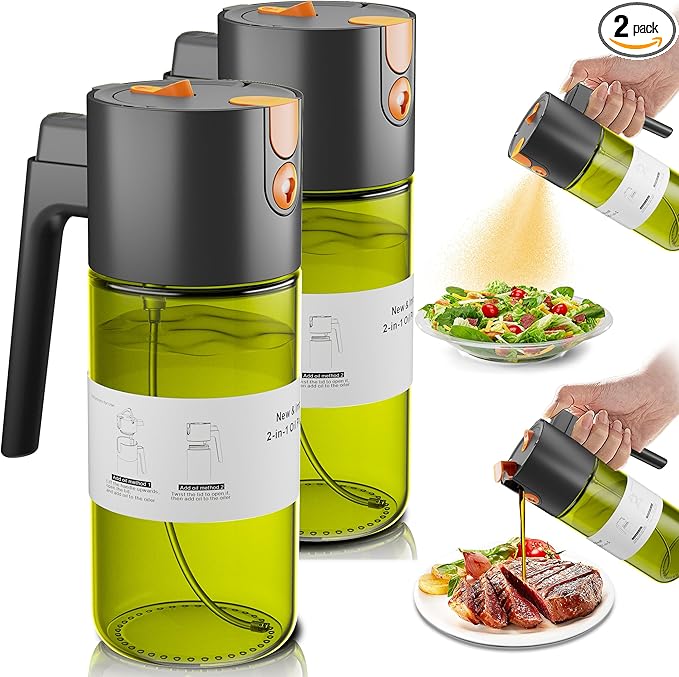 OURCABECUE Upgrade 2 in 1 Oil Sprayer for Cooking, 17oz Light-Blocking Glass Olive Oil Dispenser Bottle for Kitchen,Food-Grade Oil Mister with 8 Stickers(2PCS)