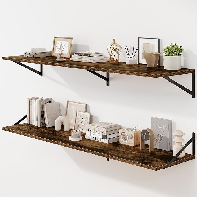 Fun Memories Floating Shelves for Wall, 12 Inch Deep Floating Shelves Set of 2, 55W x 12D Large Wall Shelf with Sturdy Metal Brackets for Living Room, Bathroom, Bedroom and Kitchen, Rustic Brown