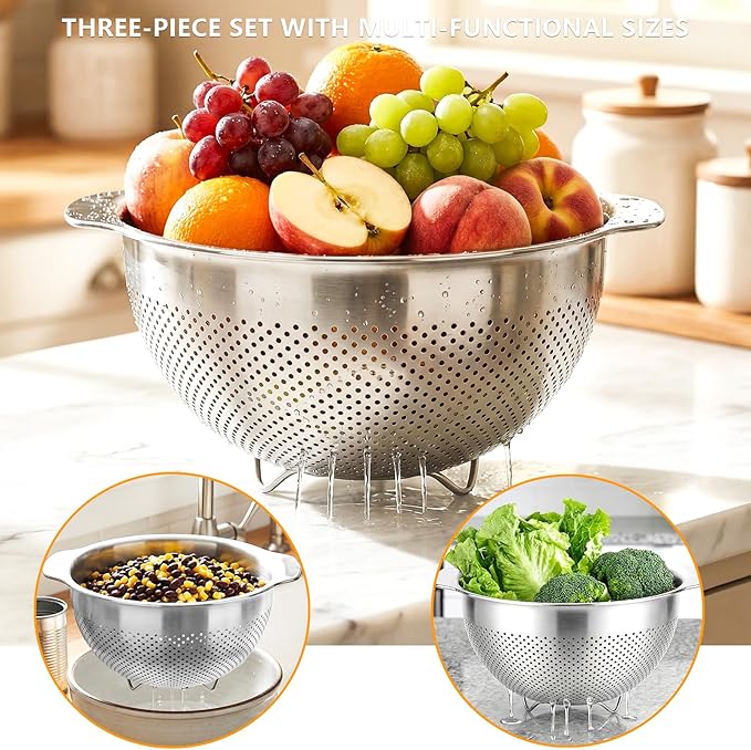18/8 Stainless Steel Strainer and Colander for Kitchen, Large Strainers and Colanders, Food Strainers Fine Mesh with Handle for Spaghetti, Pasta, Rice, Fruit, Vegetables, Noodles (5QT)
