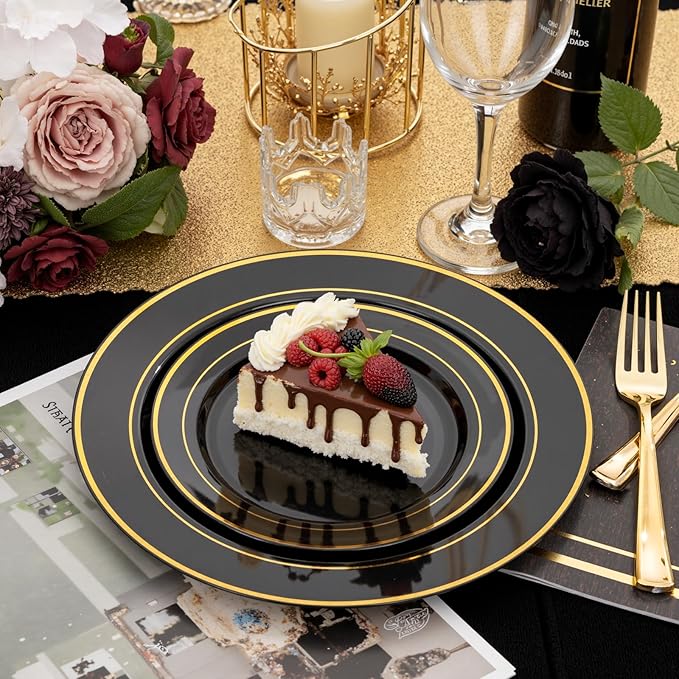 NOCCUR 200PCS Black and Gold Plastic Plates for 100 Guests - Include 100PCS 10" Dinner/ 100PCS 7" Dessert Disposable Plates Heavy Duty - Ideal for Party/Birthday/New Year