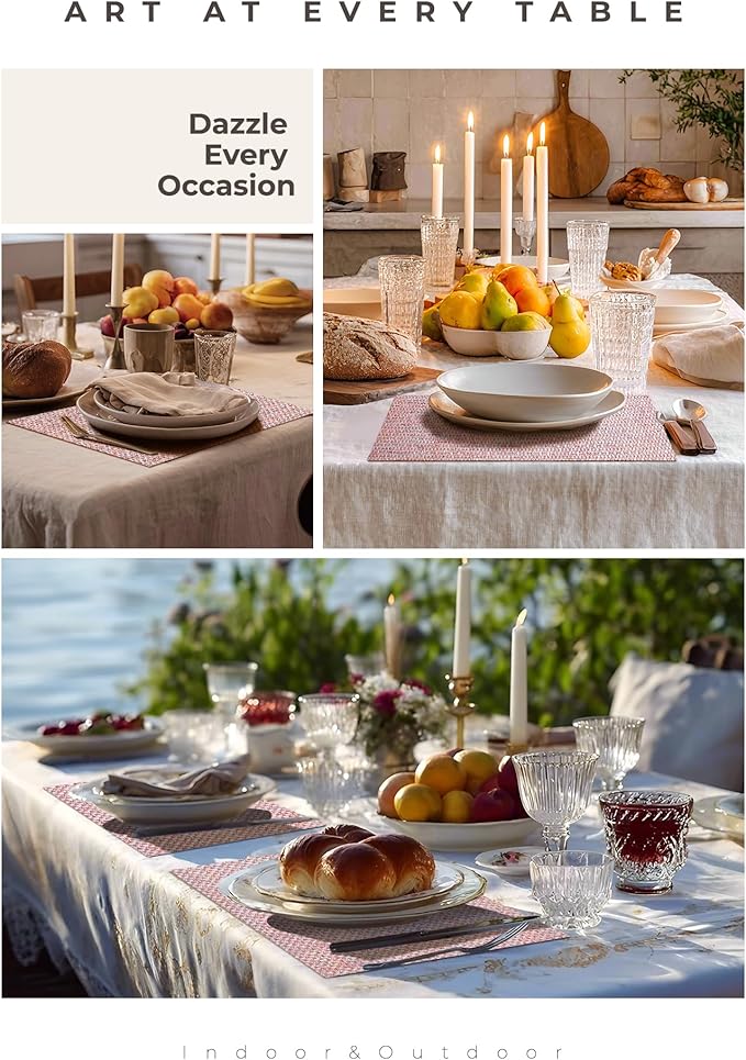 Leetaltree Luxury Pink Iridescent Placemats Set of 8 - Waterproof Washable for Wedding, Anniversary, Festive and Daily Use - Sparkling Table Mats Table Decor - Hand-Cut