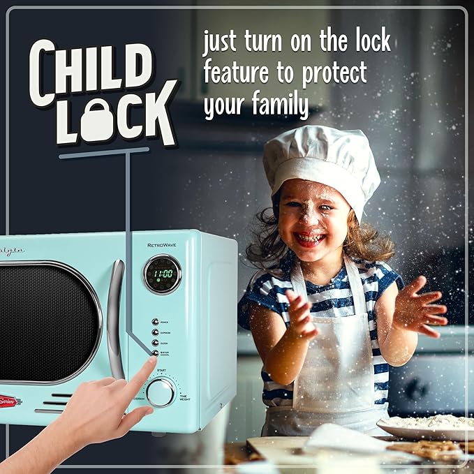 Nostalgia NRMO11AQ6A 1000 Watt Power Retro Countertop Microwave Oven Easy to Clean with Removable Glass Turntable-Child Safety Lock-12 Programs-Digital Clock, 1.1 Cu Ft, Aqua