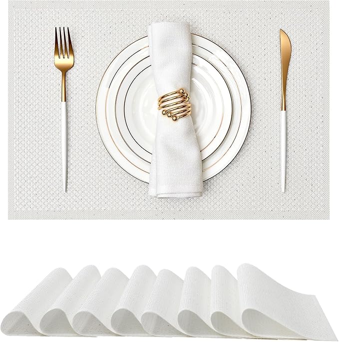 Leetaltree Luxury Crystal White Sequin Placemats Set of 8 - Waterproof Washable for Wedding, Anniversary, Daily Use - Sparkling Table Decor - Hand-Cut