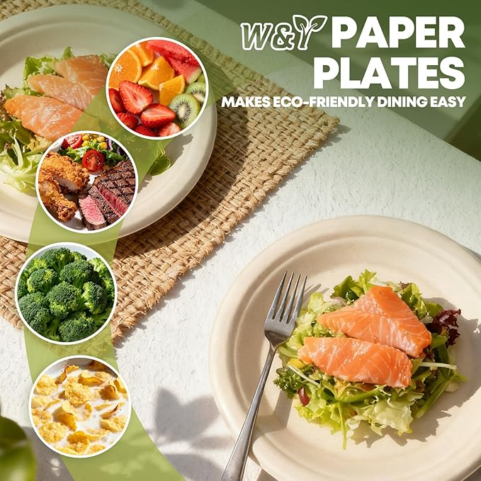W&Y 100 Pack 6 Inch Disposable Small Paper Plates,Heavy Duty Dessert Plates - Compostable, Microwave-Safe, Leak-Proof, Ideal for Parties, Picnics & Daily Use