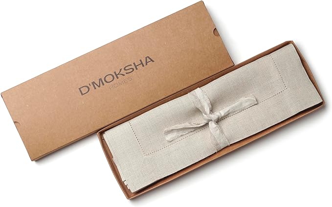 D'Moksha Homes Linen Placemats Set of 6 - Classic Hemstitch Natural Placemats 14 x 19 Inch - 100% Pure Linen Table Mats for Valentines, Holiday, New Year - Handcrafted and Machine Washable