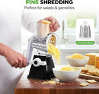 Nutrichef 3 in 1 Cheese Grater & Shredder | Strong Suction Base, Rotary Handle with Safety Lock | Includes Hand Crank & 3 Drum Blades for 3 Textures, Fine, Medium & Strips | Black