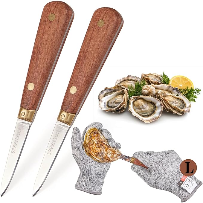 SPEENSUN Oyster Shucking Knife, Not Easy to Break and Bend with Blade Reinforcement Design, More Secure with Oyster Knife and Gloves (2 Knifes and 1 Glove L)